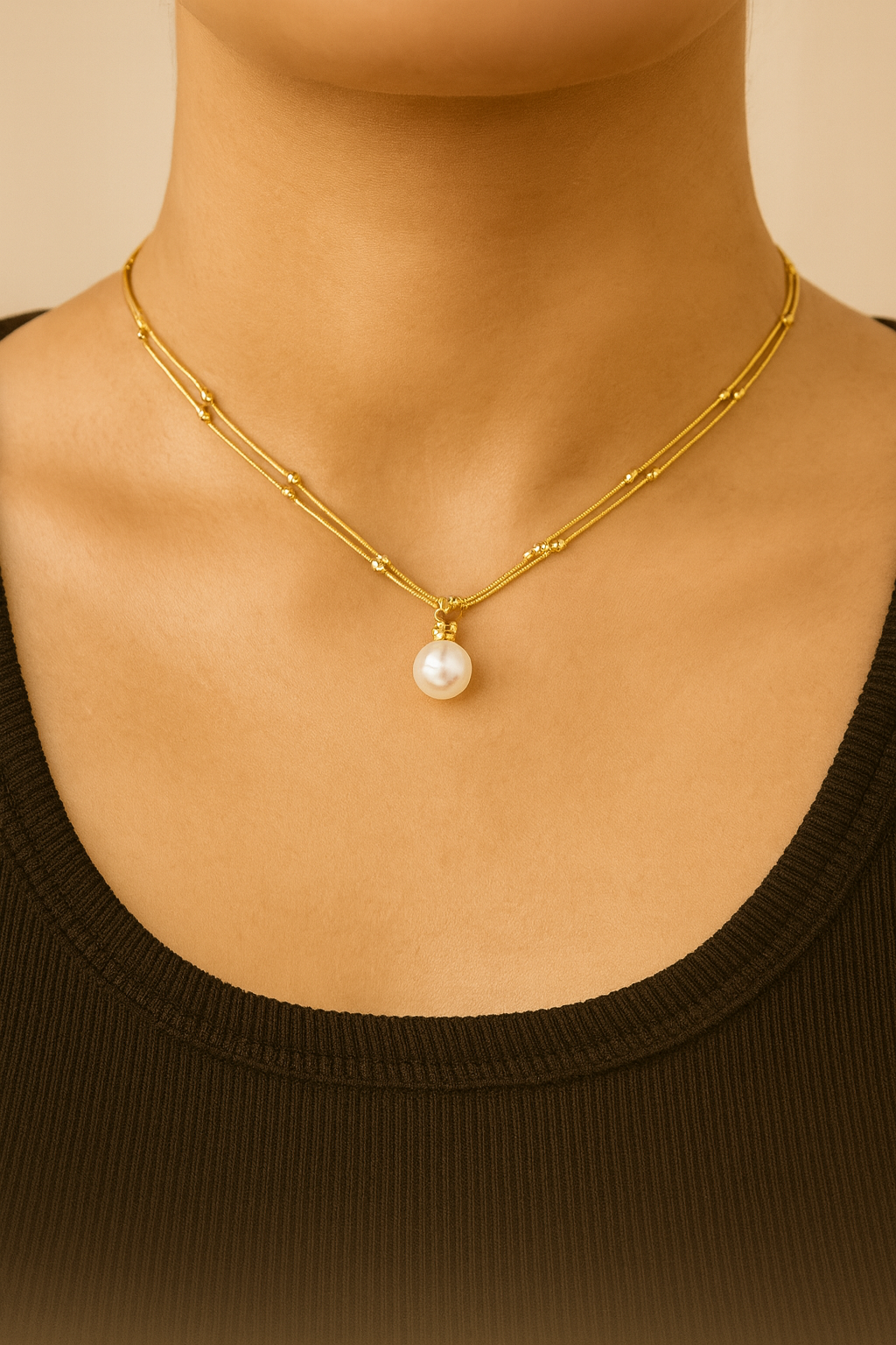 Gold Beaded Layered Necklace with Peral Charm Stainless Steel 18k Gold