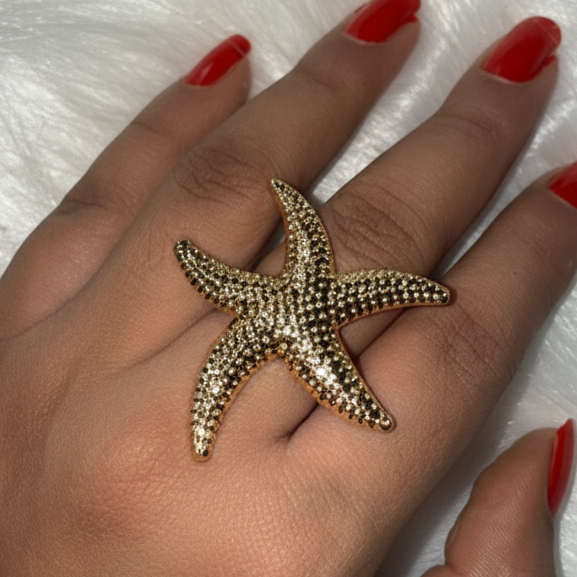 Gold Starfish Statement Ring – Adjustable 18K Gold Coastal Starfish Ring for Women