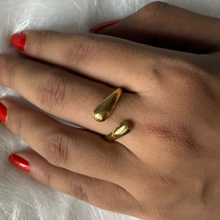 Gold Water Drop Cuff Ring – Adjustable 18K Gold Minimalist Teardrop Open Ring for Women