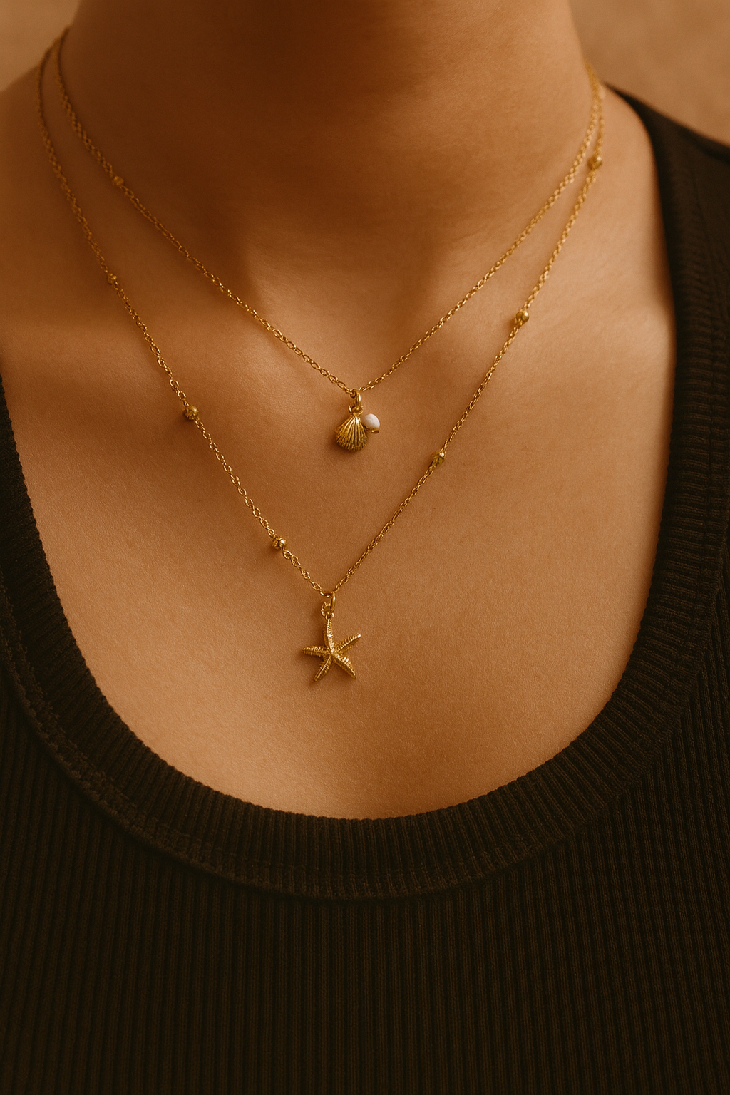 Gold Layered Starfish & Shell Necklace | Beach Charm Jewelry Stainless Steel 18k Gold