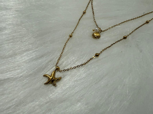 Gold Layered Starfish & Shell Necklace | Beach Charm Jewelry Stainless Steel 18k Gold