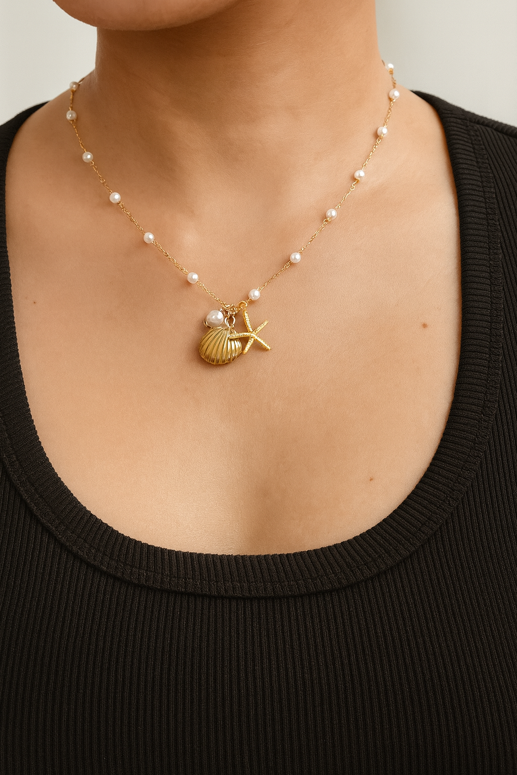 Pearl Beaded Sea Charm Cluster Necklace Shell Starfish Stainless Steel 18k Gold Plated