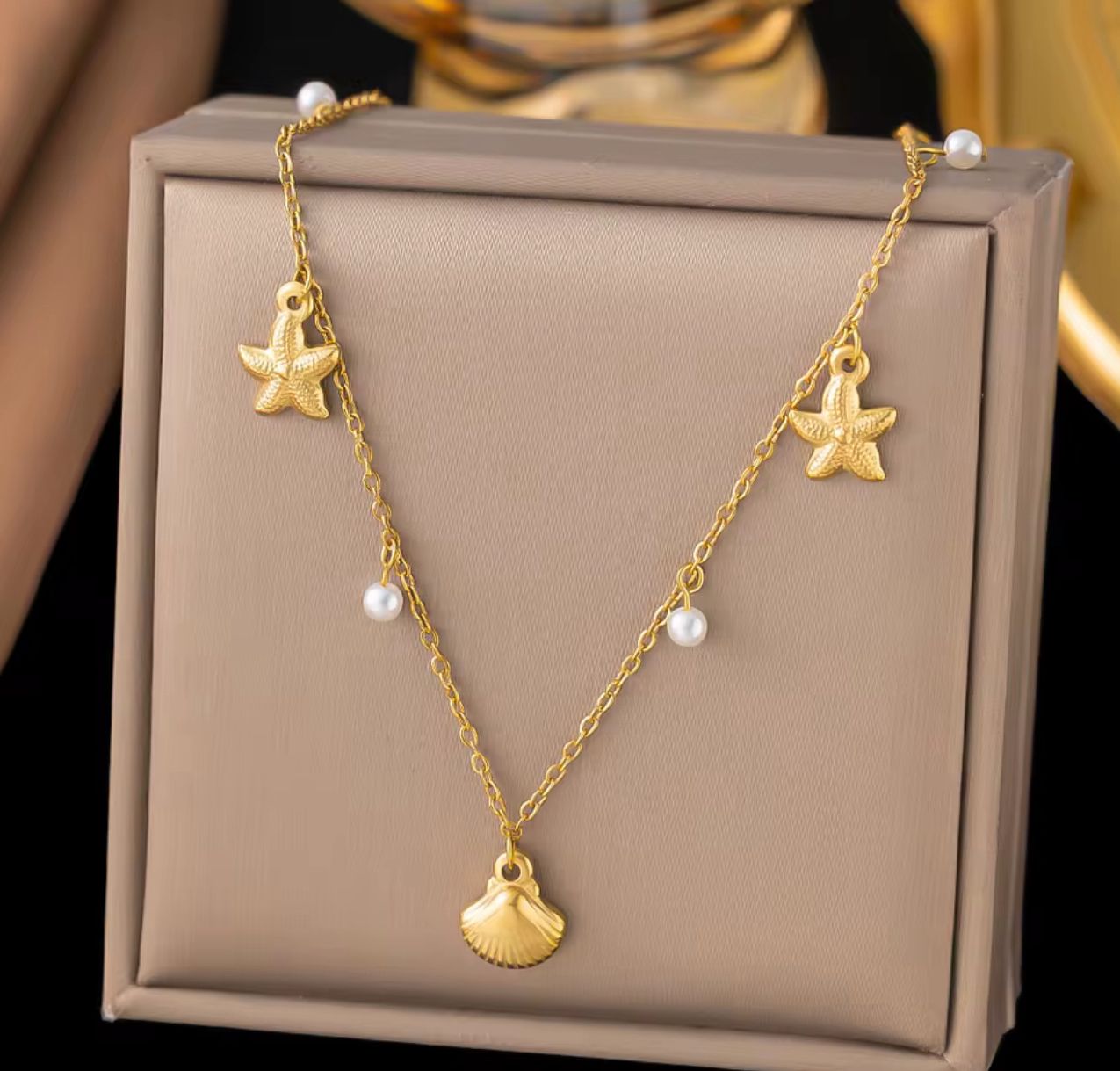 Delicate Starfish & Shell Charm Necklace Stainless Steel 18k gold