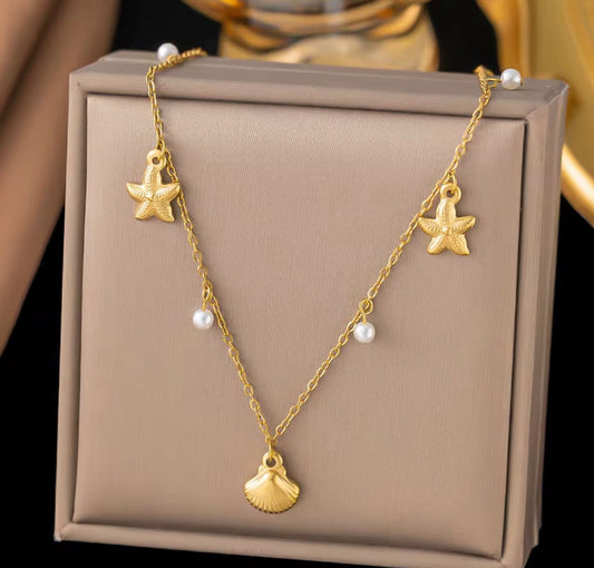 Delicate Starfish & Shell Charm Necklace Stainless Steel 18k gold