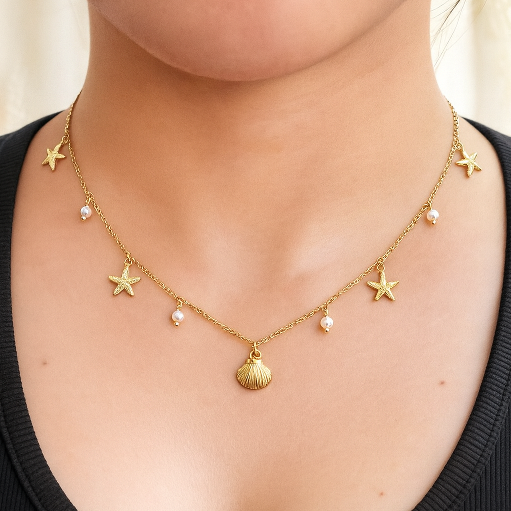 Delicate Starfish & Shell Charm Necklace Stainless Steel 18k gold