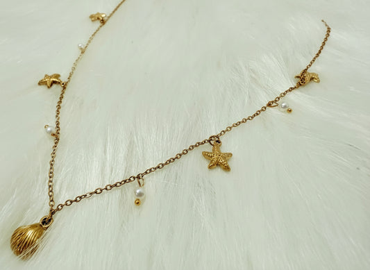 Delicate Starfish & Shell Charm Necklace Stainless Steel 18k gold