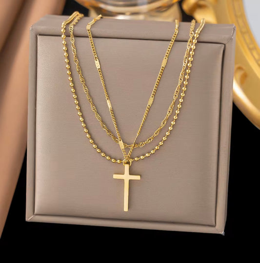 Triple Layer Gold Plated Cross Necklace Stainless Steel 18k gold plated