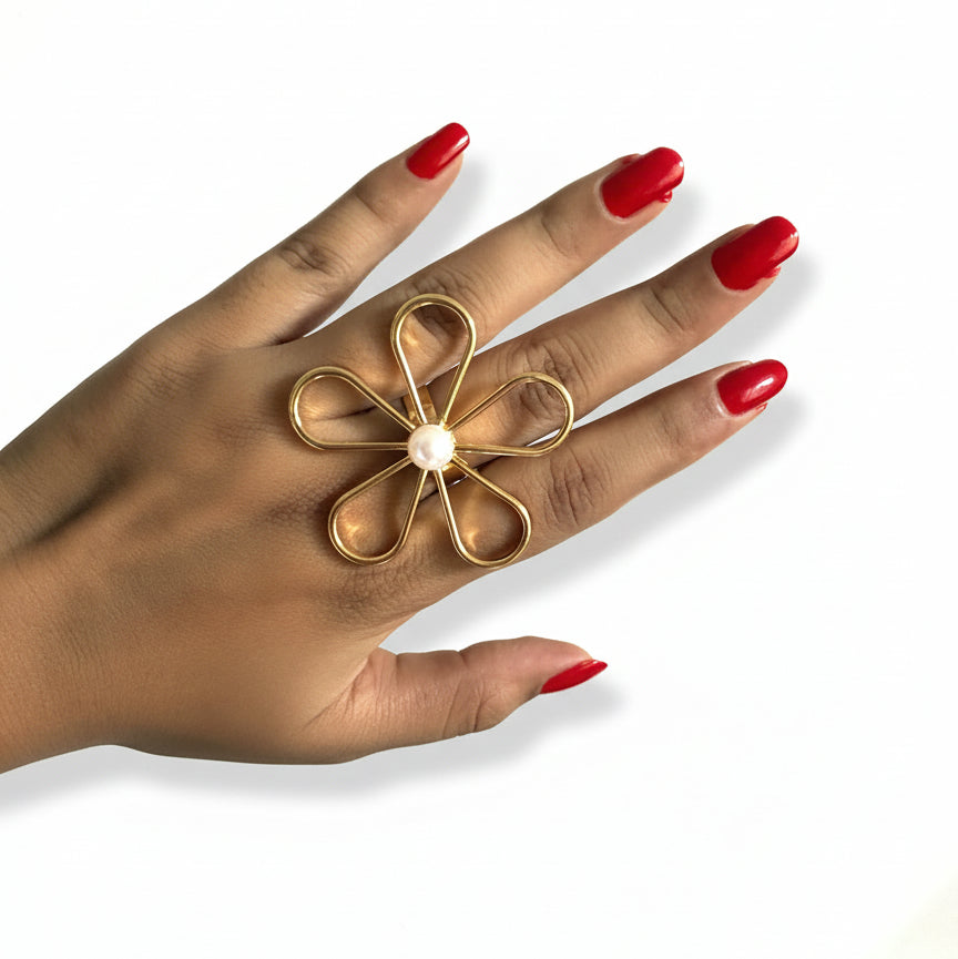 Gold Openwork Flower Ring – Adjustable 18K Gold Floral Filigree Ring for Women