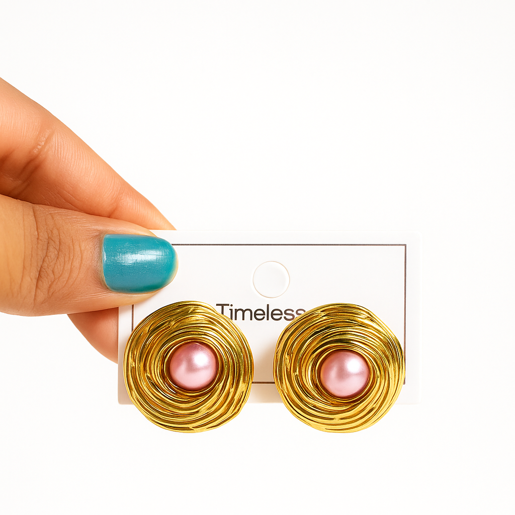 Gold Spiral Stud Earrings with Pink Pearl Center_1