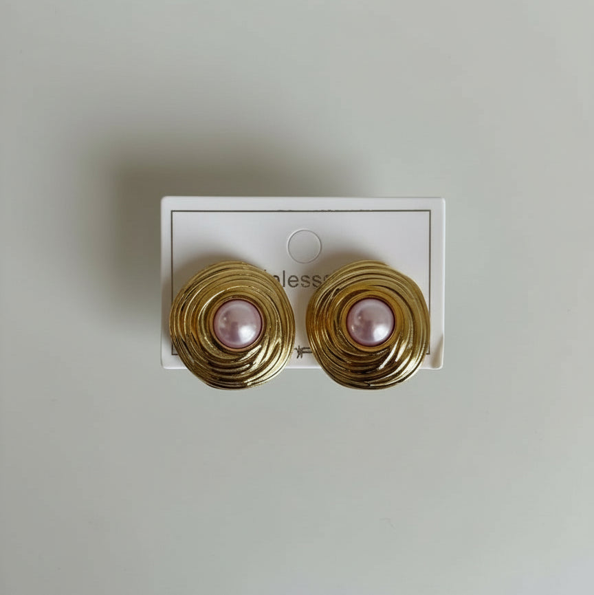 Gold Spiral Stud Earrings with Pink Pearl Center