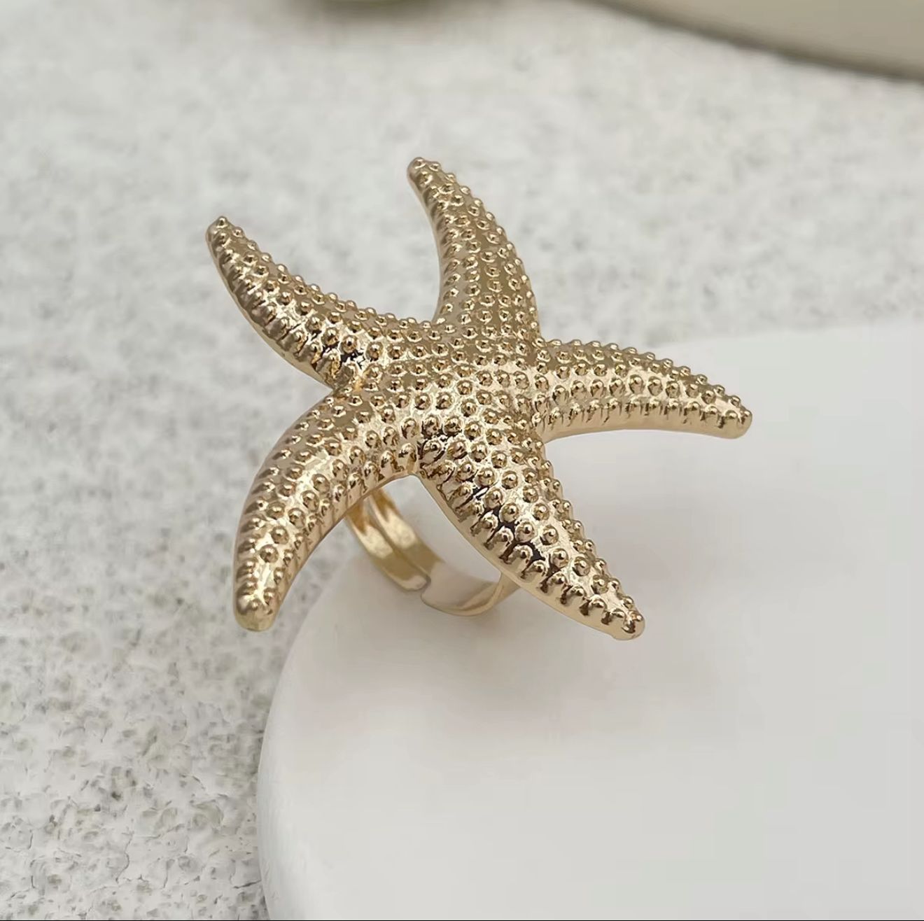 Gold Starfish Statement Ring – Adjustable 18K Gold Coastal Starfish Ring for Women