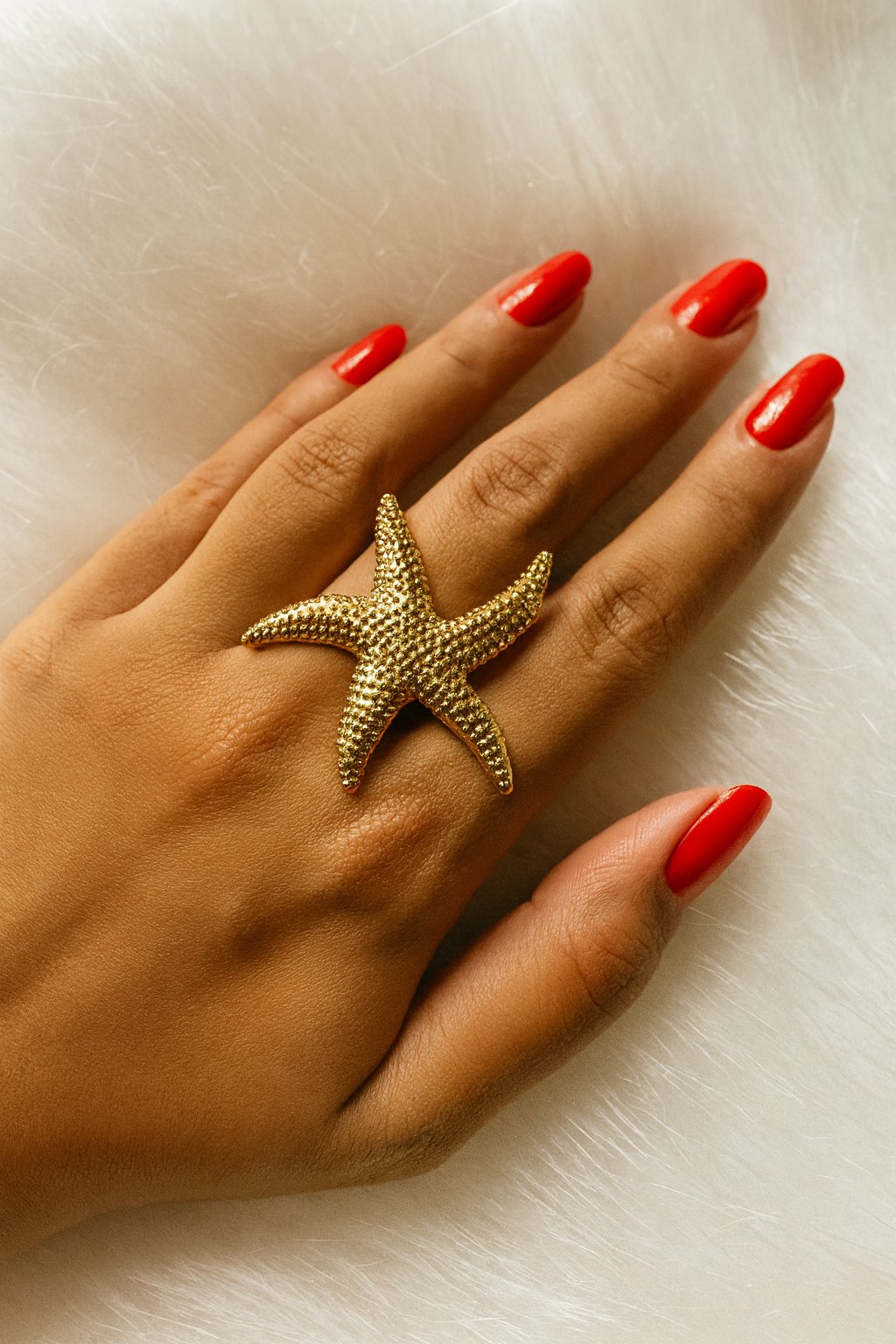 Gold Starfish Statement Ring – Adjustable 18K Gold Coastal Starfish Ring for Women