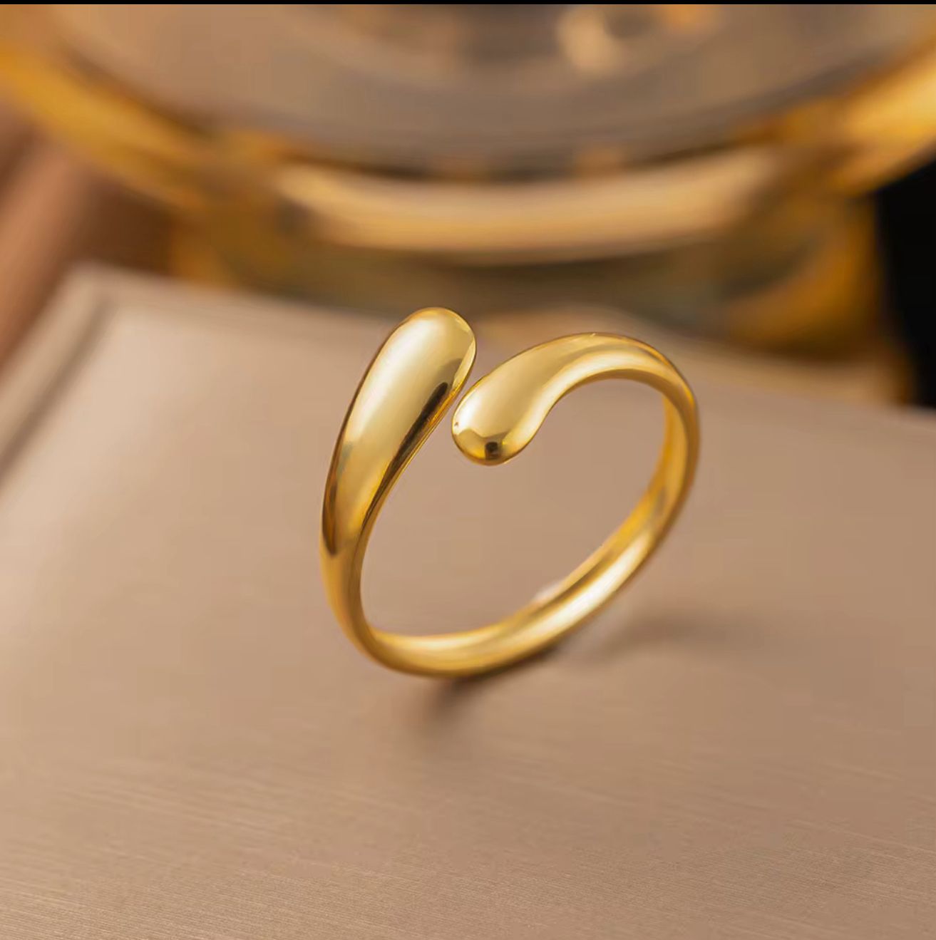 Gold Water Drop Cuff Ring – Adjustable 18K Gold Minimalist Teardrop Open Ring for Women