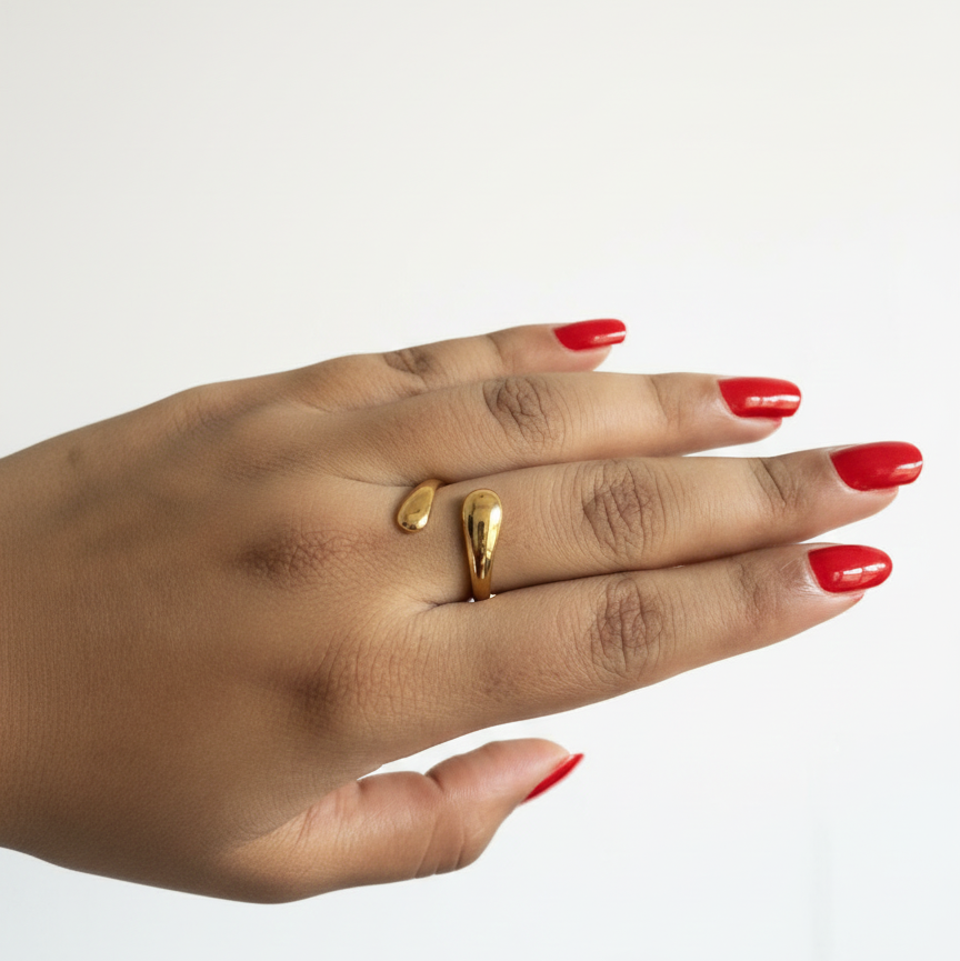 Gold Water Drop Cuff Ring – Adjustable 18K Gold Minimalist Teardrop Open Ring for Women