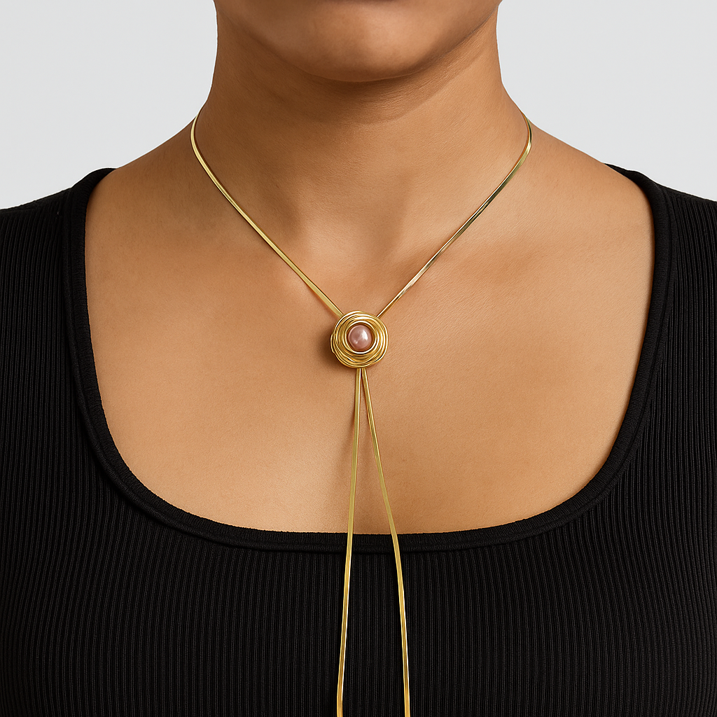 Handcrafted Gold Lariat Necklace with Pink Pearl Accent