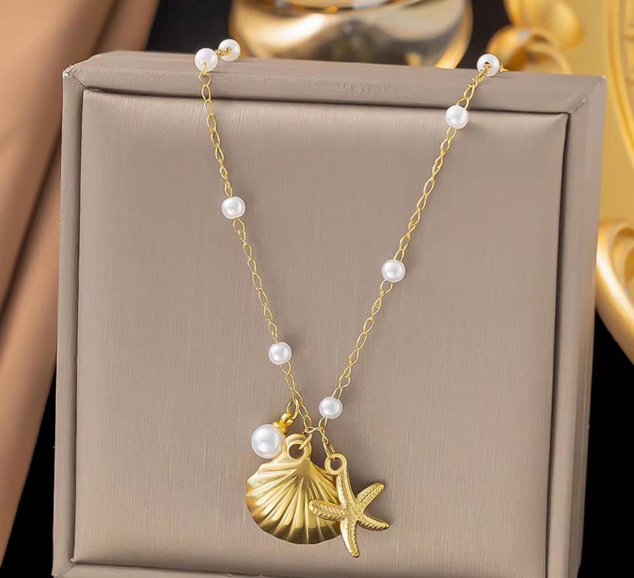 Pearl Beaded Sea Charm Cluster Necklace Shell Starfish Stainless Steel 18k Gold Plated