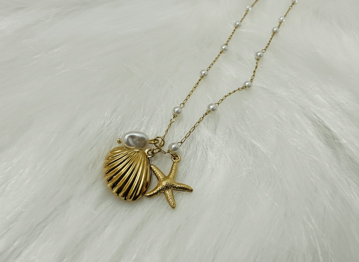 Pearl Beaded Sea Charm Cluster Necklace Shell Starfish Stainless Steel 18k Gold Plated
