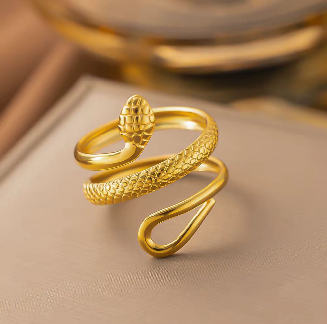 Sculptural Snake Head Ring – Adjustable 18K Gold Serpent Statement Ring for Women