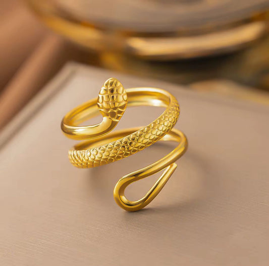 Sculptural Snake Head Ring – Adjustable 18K Gold Serpent Statement Ring for Women