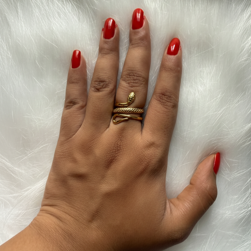 Sculptural Snake Head Ring – Adjustable 18K Gold Serpent Statement Ring for Women