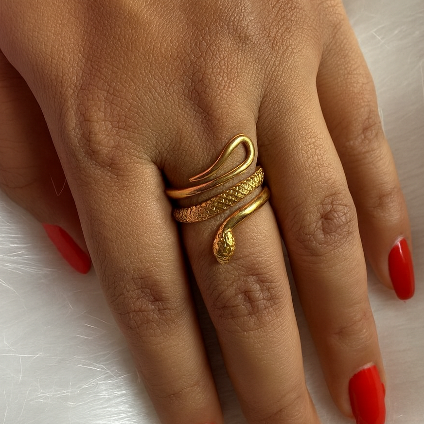 Sculptural Snake Head Ring – Adjustable 18K Gold Serpent Statement Ring for Women