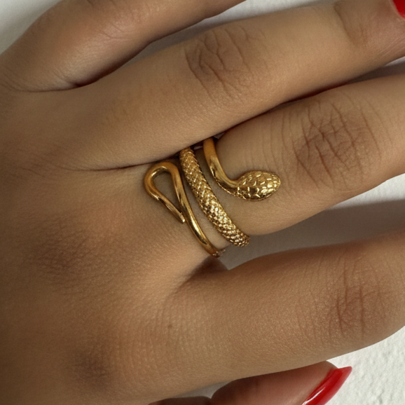 Sculptural Snake Head Ring – Adjustable 18K Gold Serpent Statement Ring for Women