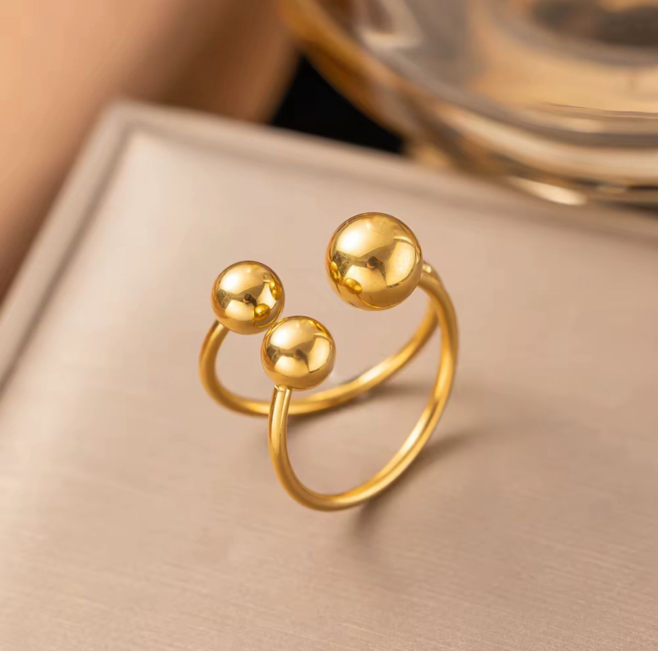 Triple Sphere Open Ring – Adjustable 18K Gold Minimalist Three-Ball Ring for Women