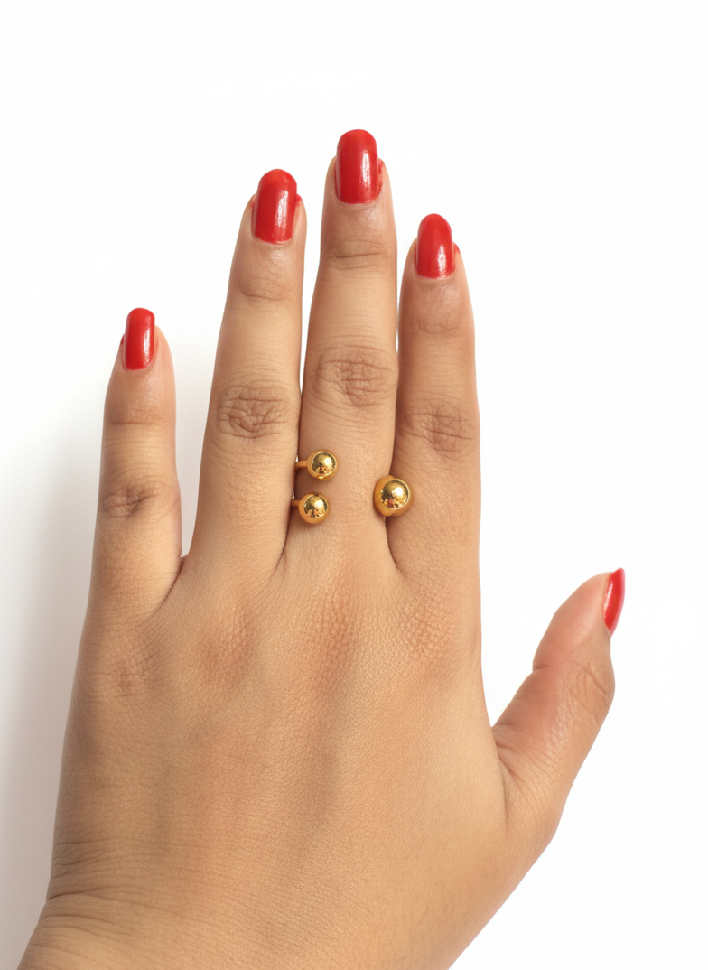 Triple Sphere Open Ring – Adjustable 18K Gold Minimalist Three-Ball Ring for Women