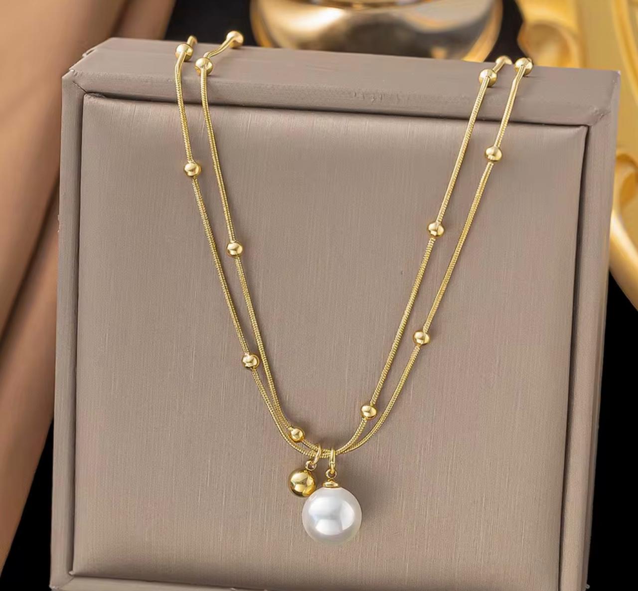 Gold Beaded Layered Necklace with Peral Charm Stainless Steel 18k Gold