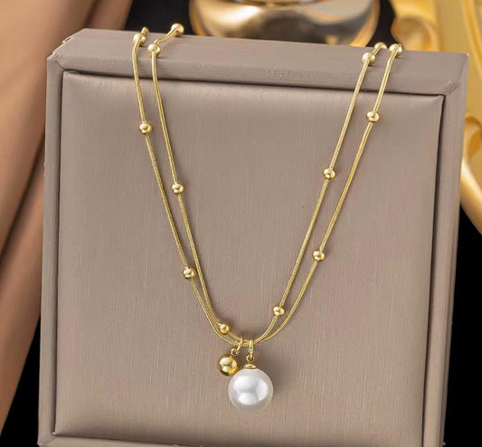 Gold Beaded Layered Necklace with Peral Charm Stainless Steel 18k Gold
