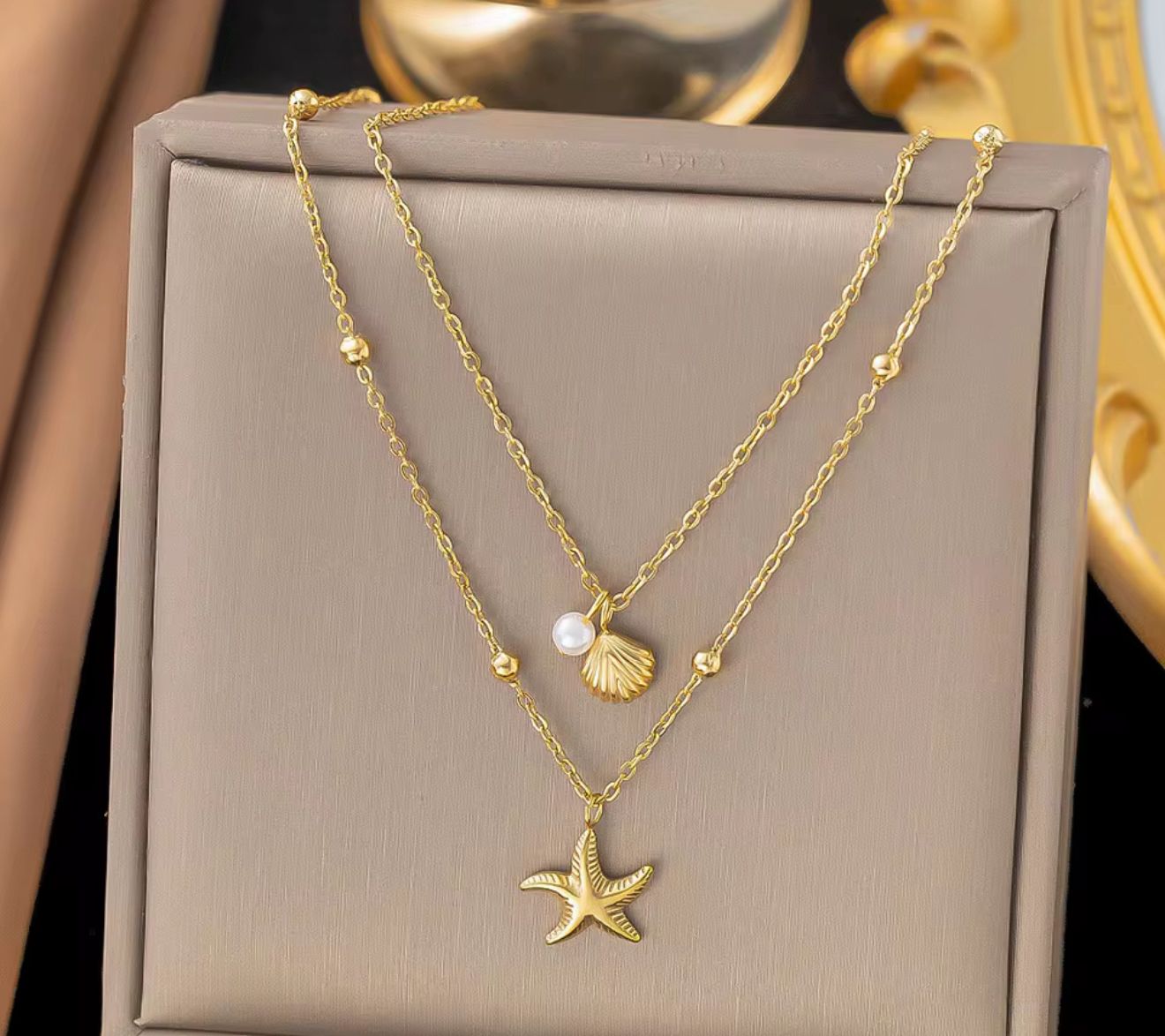 Gold Layered Starfish & Shell Necklace | Beach Charm Jewelry Stainless Steel 18k Gold