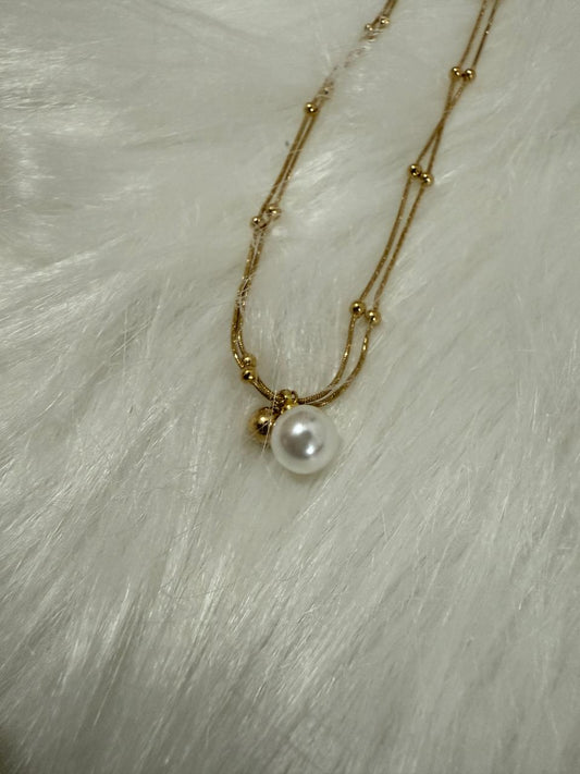 Gold Beaded Layered Necklace with Peral Charm Stainless Steel 18k Gold