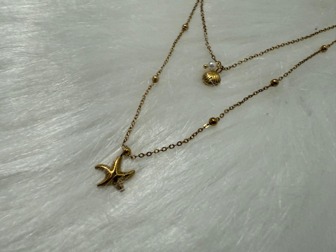 Gold Layered Starfish & Shell Necklace | Beach Charm Jewelry Stainless Steel 18k Gold
