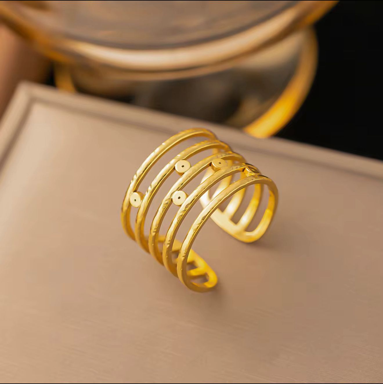 Wide Slatted Statement Ring – Adjustable 18K Gold Wide Band Ring for Women | Modern Open Slat Design