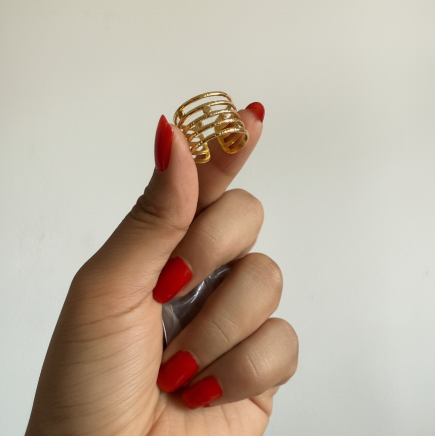 Wide Slatted Statement Ring – Adjustable 18K Gold Wide Band Ring for Women | Modern Open Slat Design